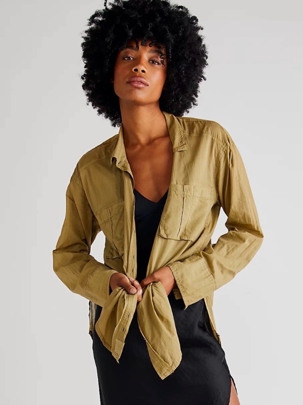 We The Free Sheer Luck Cotton Oversized Boho Khaki Utility Button Up Shirt Small